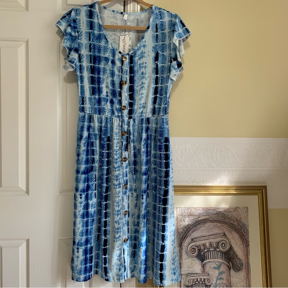 NEW Blue & White Boxed Tie Dye Ruffle Sleeve Button Up Dress Size Large - Picture 7 of 11